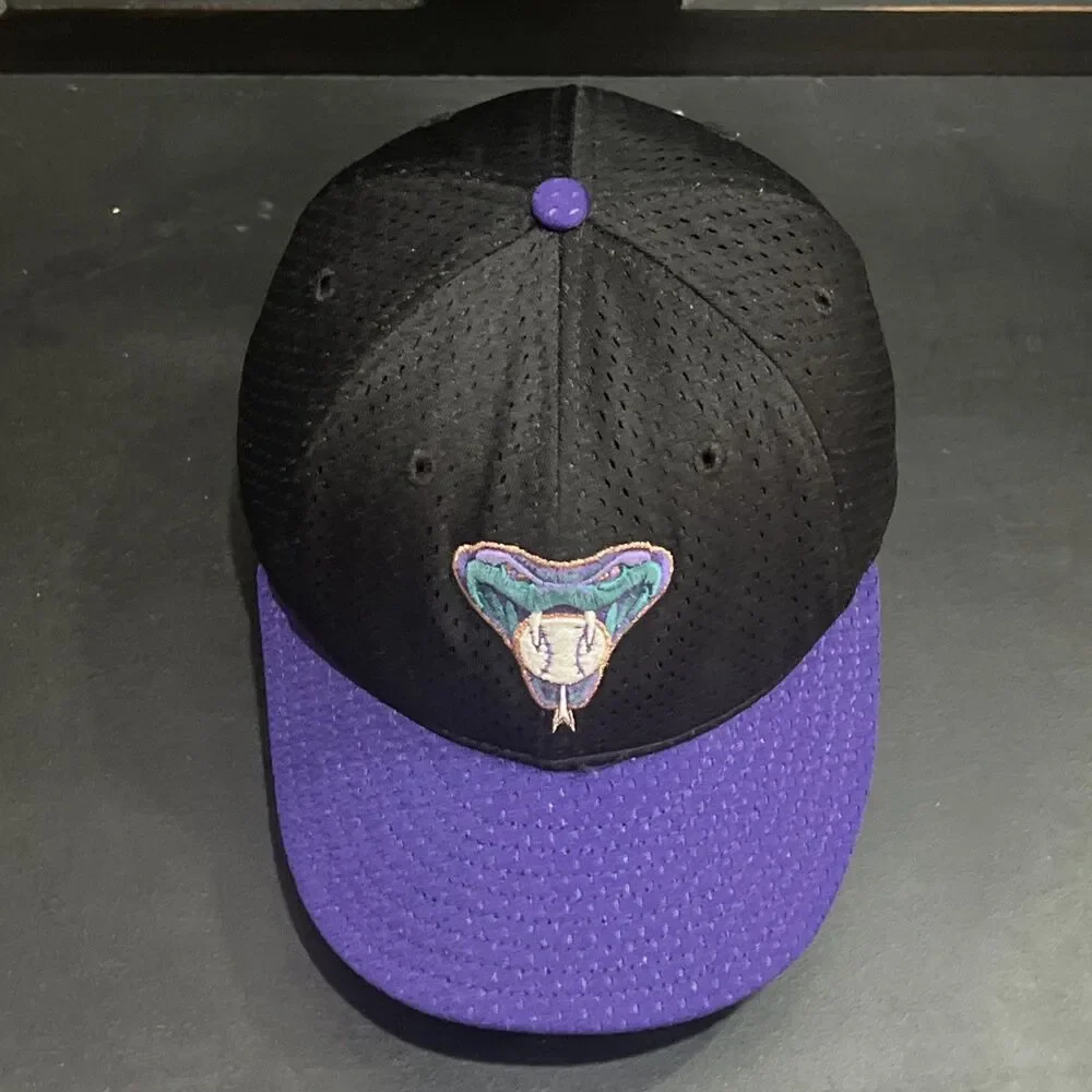 Vintage 90s Arizona Diamondbacks Mesh Fitted Hat Black Purple Made In USA  7 1/4